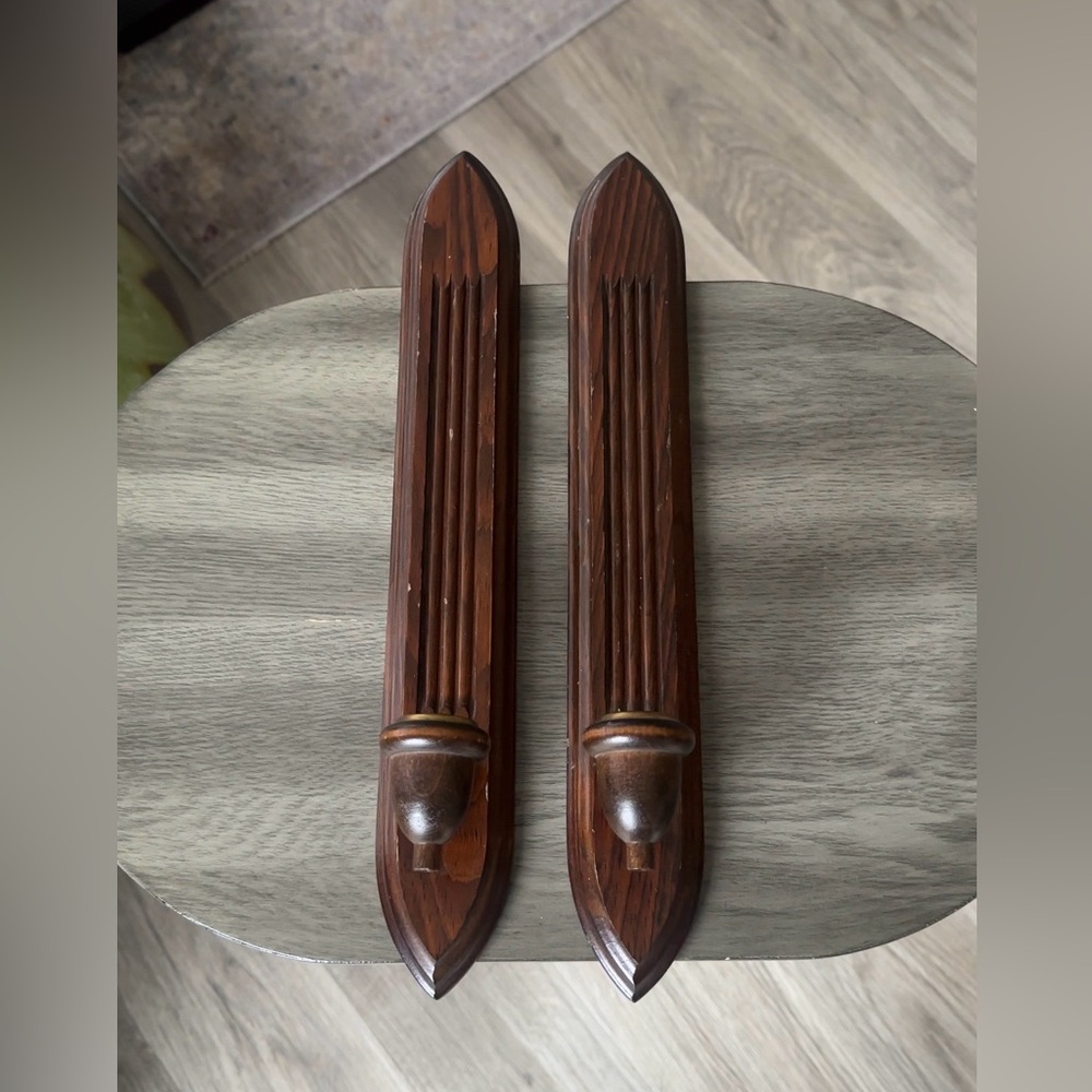 Set Of 2 Vintage Wooden Tapered Grooved Candle Holders